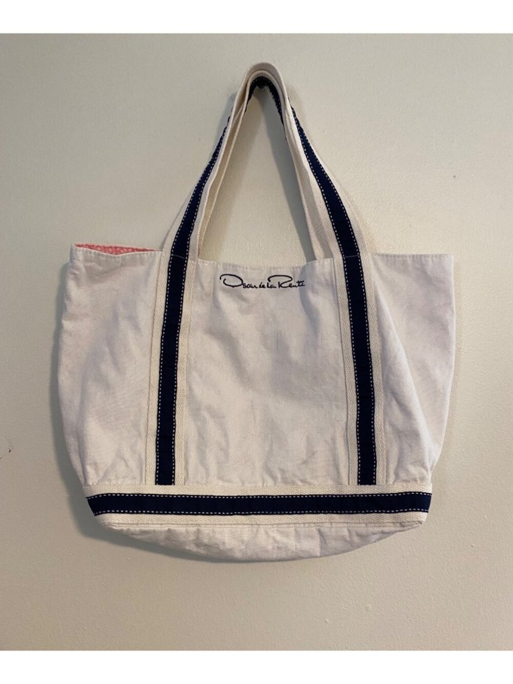 Oscar De La Renta White Canvas Tote Bag With Navy Accents & Double Handles